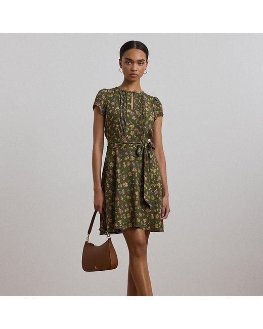 Ralph Lauren Green Geblümtes Kleid Aus Georgette Mit Gürtel
