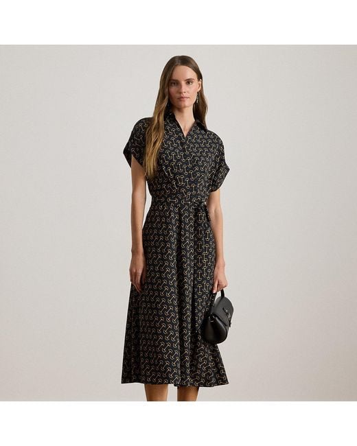 Ralph Lauren Black Geo-Print Belted Crepe Dress