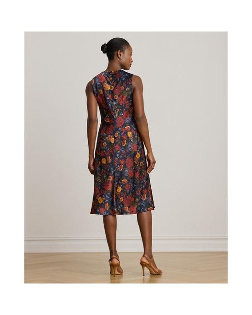 Ralph Lauren Brown Floral Pleated Charmeuse Cocktail Dress