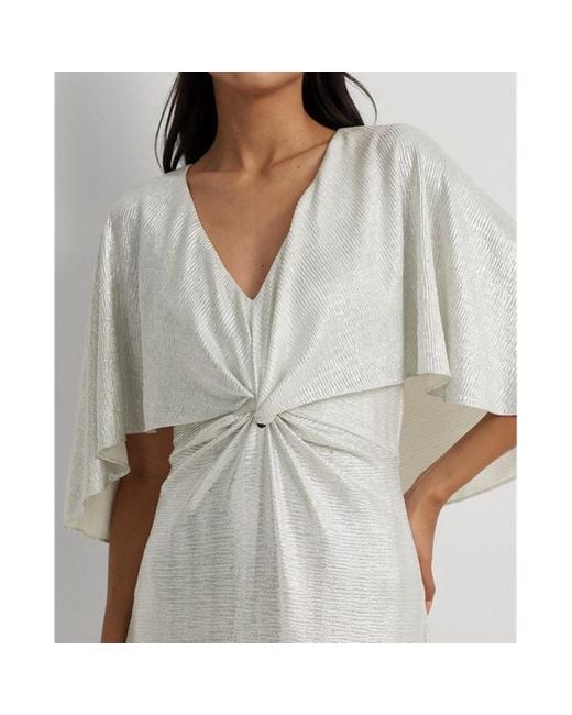 Lauren by Ralph Lauren White Metallic Knit Twist-front Cape Gown