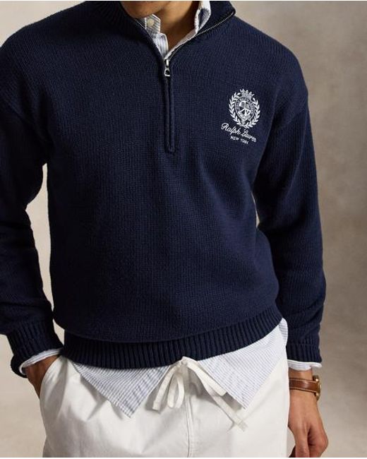 Polo Ralph Lauren Blue Relaxed Fit Cotton Quarter-Zip Jumper for men