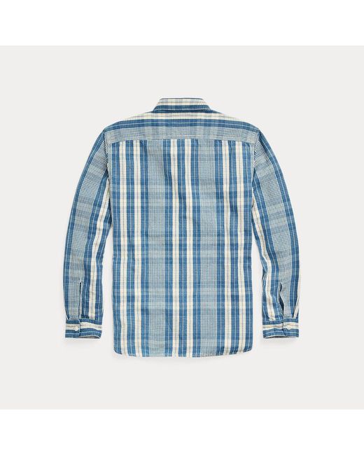 RRL Blue Indigo Plaid Cotton-linen Workshirt for men