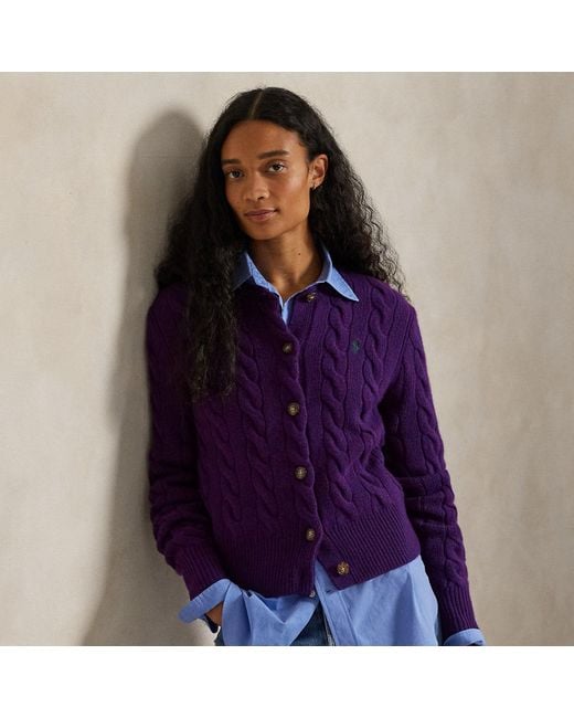 Ralph Lauren Purple Cable-Knit Wool-Cashmere Cardigan