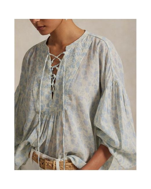 Camicia in cotone a fiori con laccetti di Polo Ralph Lauren in Blue