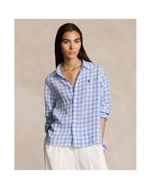 Polo Ralph Lauren Blue Wide Cropped Gingham Linen Shirt