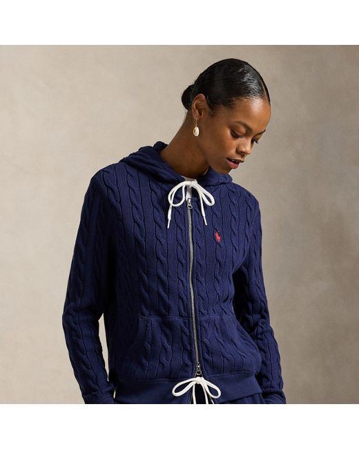 Polo Ralph Lauren Blue Textured Cable Knit Cotton Sweatshirt With Zip Fastening