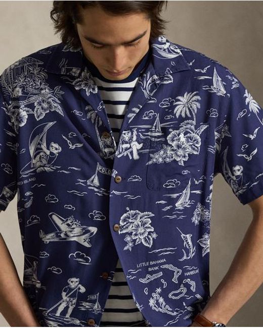 Ralph Lauren Blue Classic Fit Polo Bear Camp Shirt for men