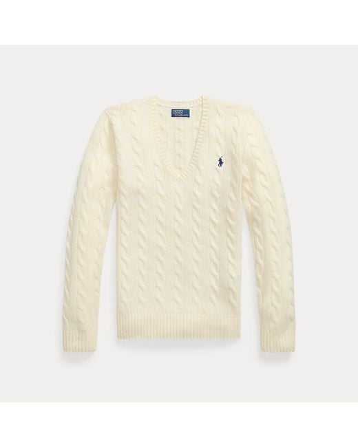 Polo Ralph Lauren Wollen-Kasjmier Kabeltrui Met V-Hals in het Natural