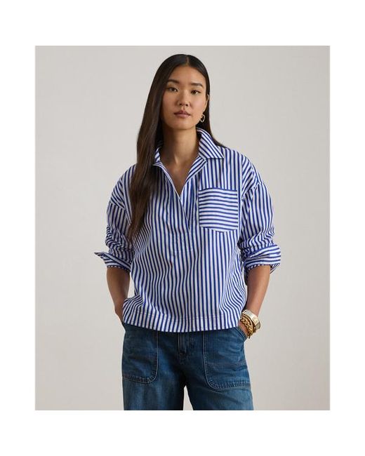 Ralph Lauren Blue Striped Cotton Broadcloth Cropped Shirt