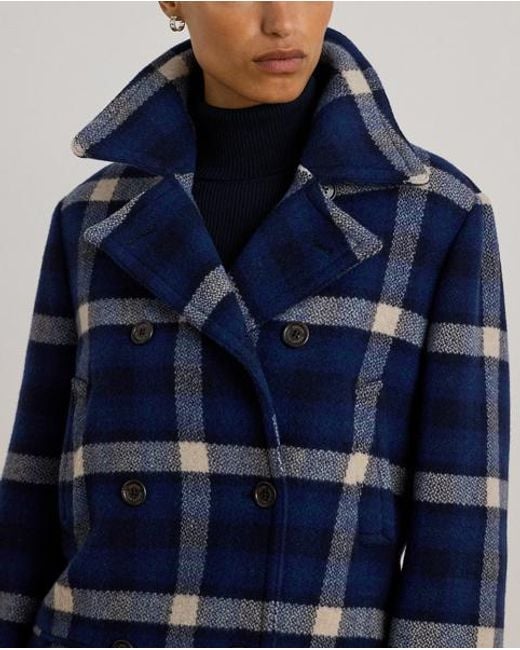 Ralph Lauren Blue Double-Breasted Plaid Tweed Coat