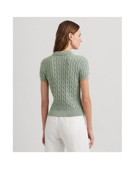 Lauren by Ralph Lauren Green Cable-knit Cotton Polo Jumper