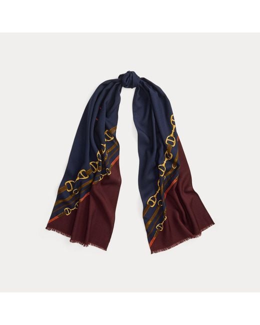 Ralph Lauren Blue Logo Belting-Print Wool Scarf