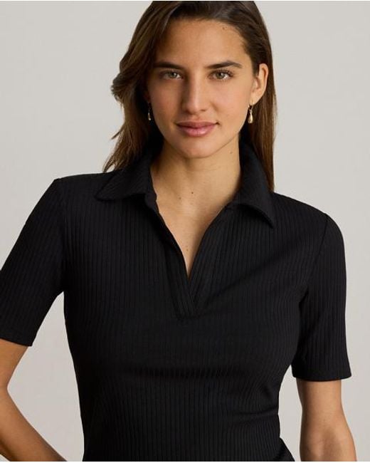 Ralph Lauren Black Rib-Knit Elbow-Sleeve Polo Tee