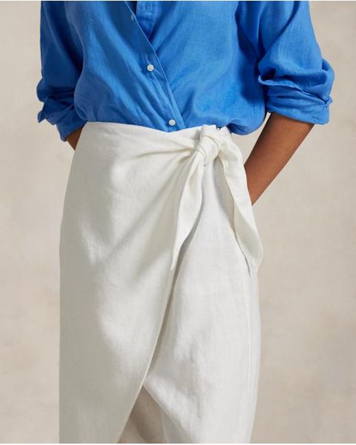 Polo Ralph Lauren White Linen Wide-Leg Tapered Wrap Trouser