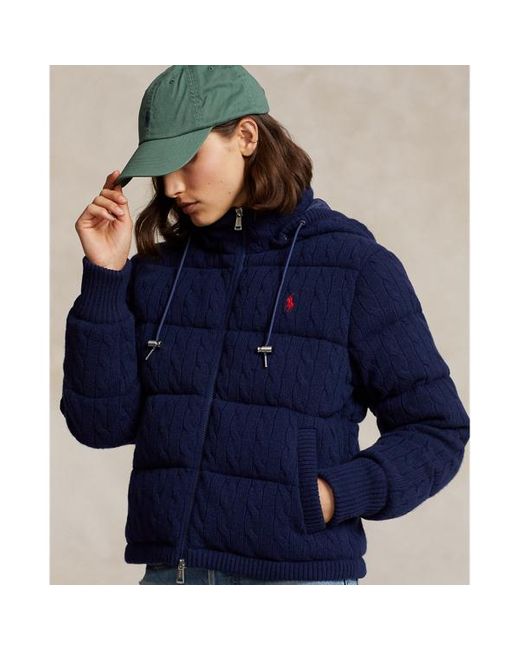 Polo Ralph Lauren Blue Cable-knit Hooded Down Coat