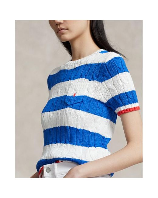Polo Ralph Lauren Blue Stripe Cable Cotton Short-sleeve Jumper