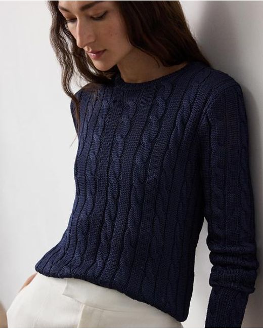 Ralph Lauren Blue Cable-Knit Silk Crewneck Sweater