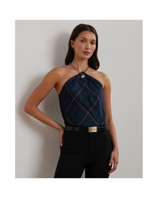 Ralph Lauren Blue Plaid Chain-trim Charmeuse Halter Blouse