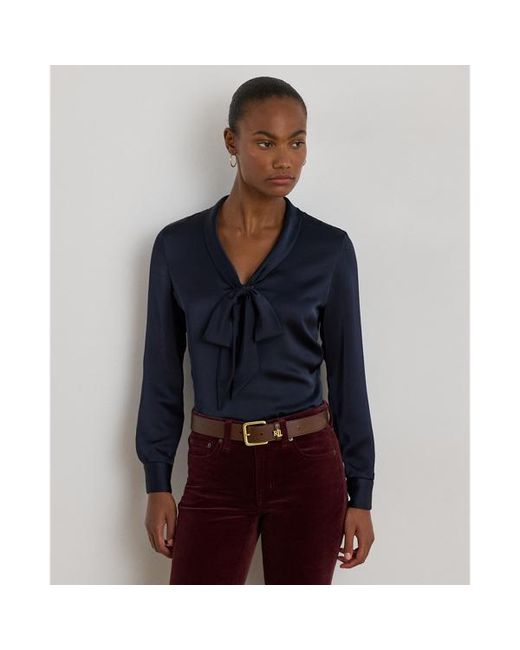 Ralph Lauren Blue Satin Charmeuse Tie-Neck Blouse