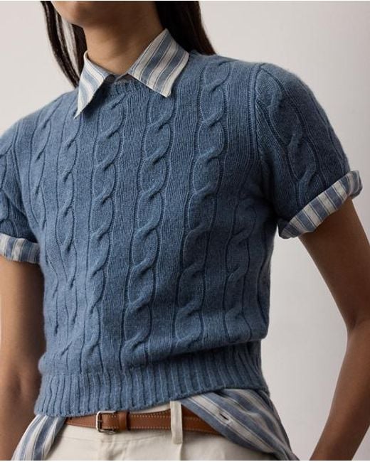 Ralph Lauren Blue Cashmere Cable-Knit Cropped Jumper