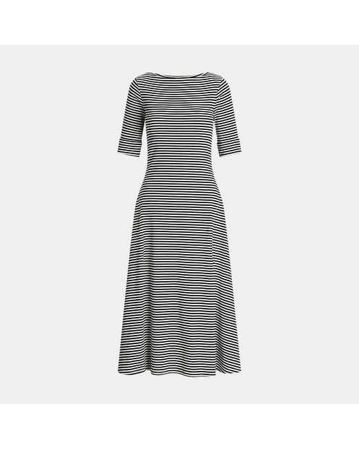 Lauren by Ralph Lauren Gray Striped Stretch Cotton Midi Dress