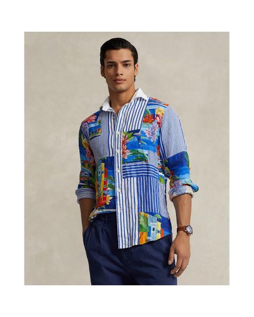 Camicia patchwork in lino Classic-Fit di Polo Ralph Lauren in Blue da Uomo