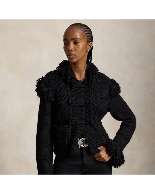 Polo Ralph Lauren Black Knit-Fringe Wool Cardigan