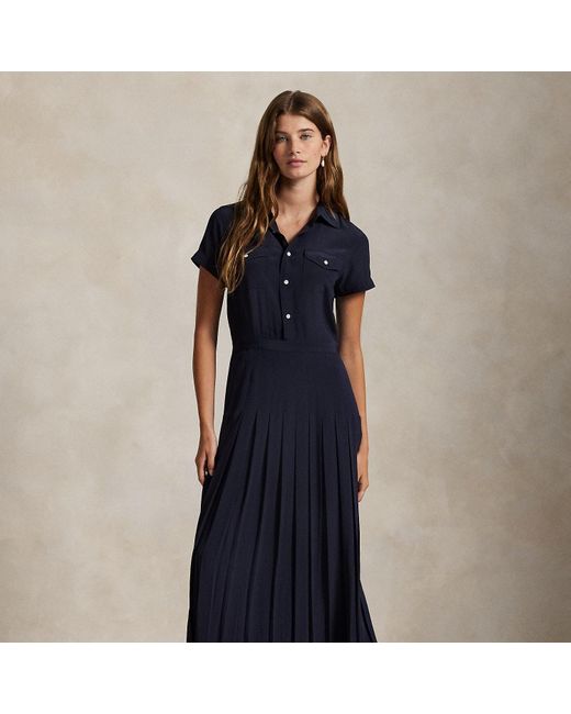Polo Ralph Lauren Blue Silk Crepe Pleated Shirtdress