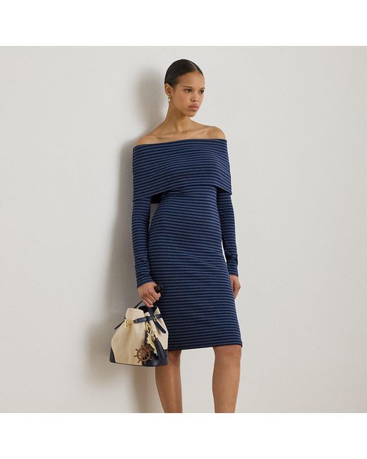 Ralph Lauren Blue Striped Rib-Knit Off-The-Shoulder Dress