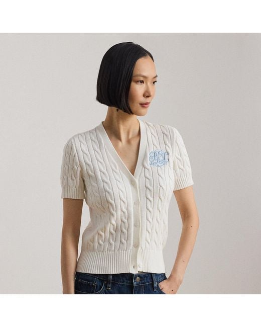 Ralph Lauren White Cable-Knit Cotton Short-Sleeve Cardigan