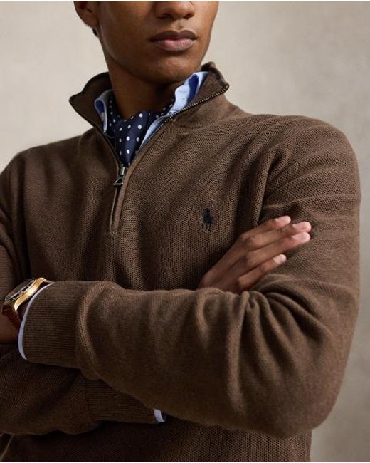 Polo Ralph Lauren Brown Mesh-Knit Cotton Quarter-Zip Sweater for men