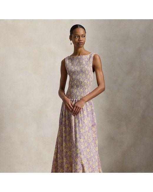 Polo Ralph Lauren Brown Floral Smocked Crinkled Dress