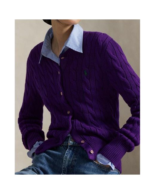Cardigan a girocollo in cotone a trecce di Polo Ralph Lauren in Purple