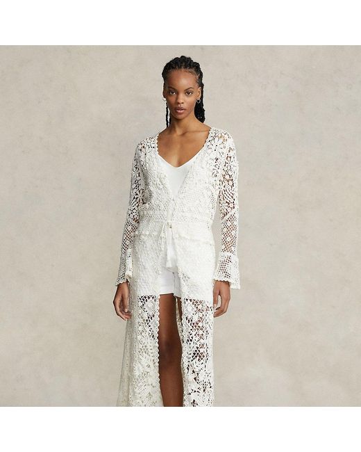 Polo Ralph Lauren White Floral Lace Button-front Duster Jacket