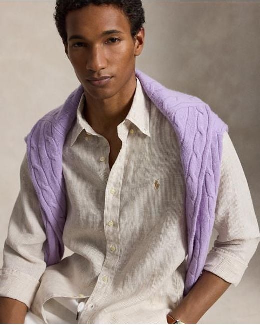 Polo Ralph Lauren White Custom Fit Striped Linen Shirt for men