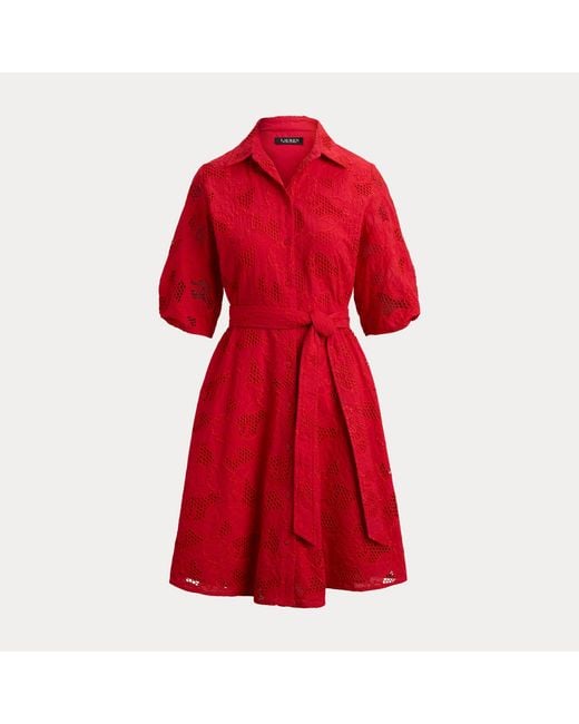 Ralph Lauren Red Eyelet Voile Balloon-Sleeve Shirtdress