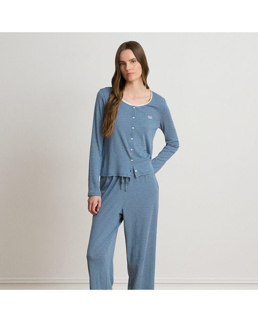 Ralph Lauren Blue Striped Lace-Trim Rib-Knit Pyjama Set