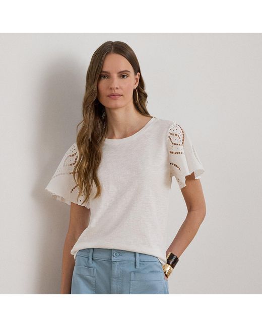 Ralph Lauren White Eyelet Cotton Jersey & Broadcloth Top