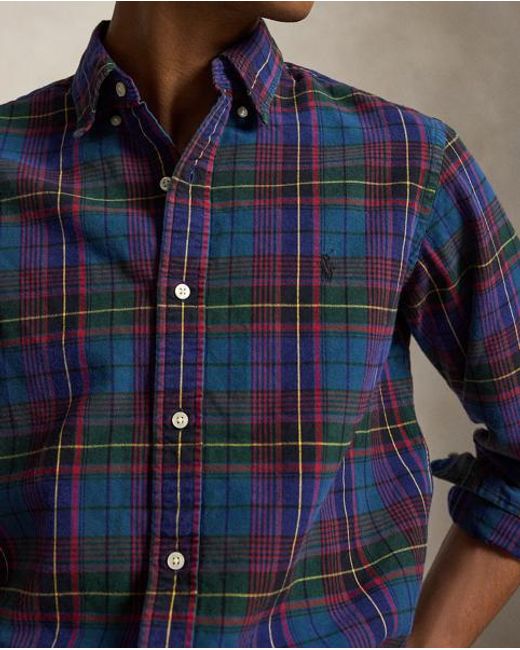 Polo Ralph Lauren Blue Custom Fit Plaid Brushed Oxford Shirt for men