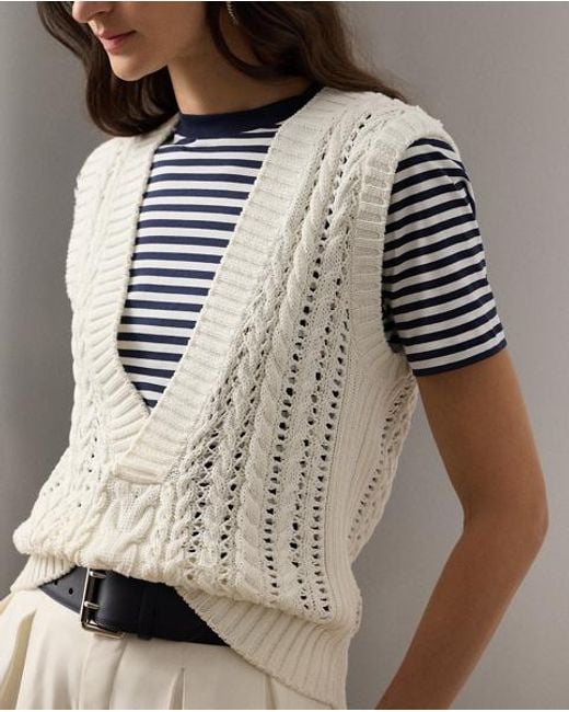 Ralph Lauren White Baumwoll-Seiden-Pullunder Mit Zopfmuster