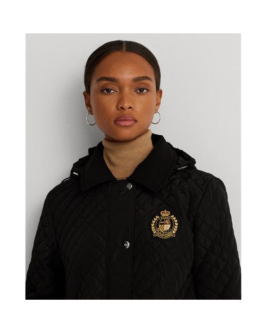 Lauren by Ralph Lauren Black Crest-patch Quilted Hooded Jacket