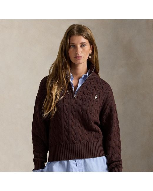Polo Ralph Lauren Brown Cable-Knit Cotton Quarter-Zip Jumper
