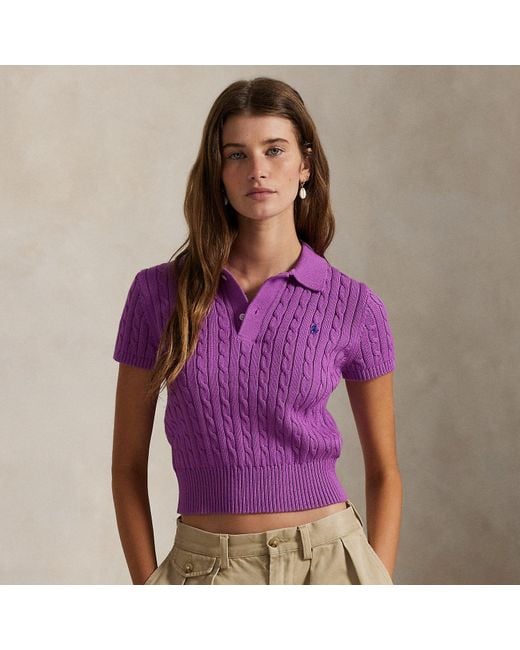 Polo Ralph Lauren Purple Cable-Knit Cotton Cropped Polo Shirt