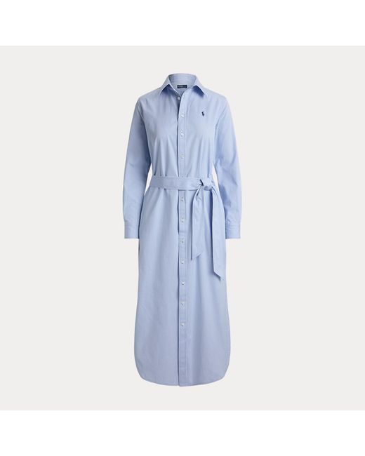 Polo Ralph Lauren Blue Belted Striped Cotton Shirtdress