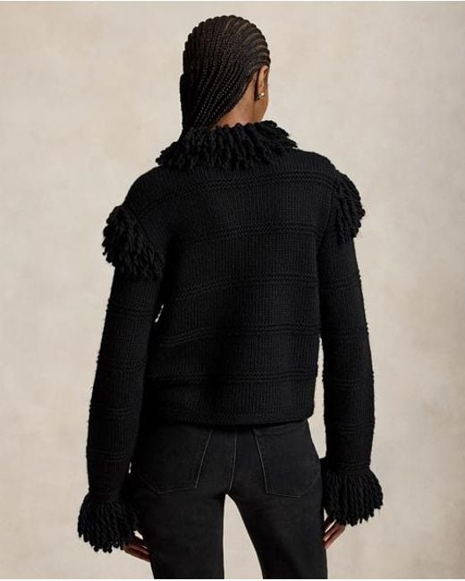 Polo Ralph Lauren Black Knit-Fringe Wool Cardigan
