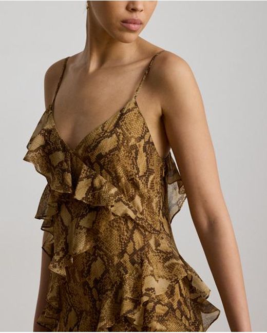 Ralph Lauren Metallic Python-Print Ruffle-Trim Georgette Gown