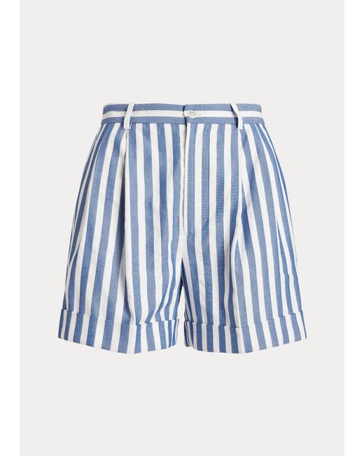 Polo Ralph Lauren Blue Striped Pleated Linen-cotton Dobby Short
