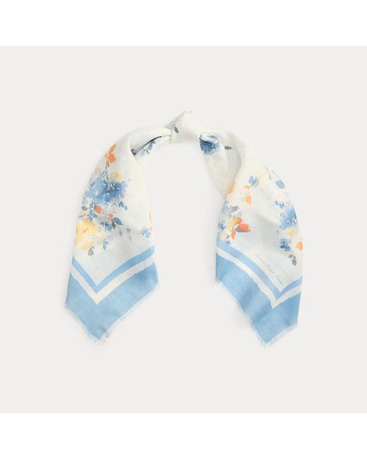 Ralph Lauren Blue Floral Linen-Cotton Square Scarf