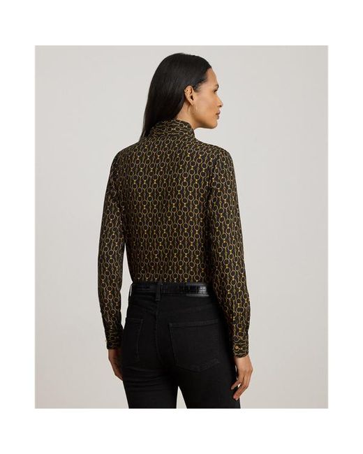 Ralph Lauren Black Chain-Print Crepe Tie-Neck Blouse