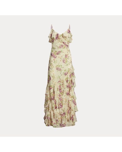 Lauren by Ralph Lauren Natural Floral Crinkle Georgette Tiered Gown